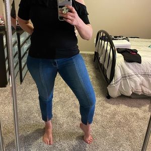 WHBM Stretch cropped Denim. Fun cutouts in the front. Size 14. Light wash